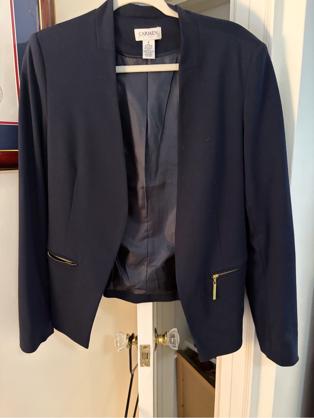 Carmen Navy Open-Front Blazer with Zip Detail
